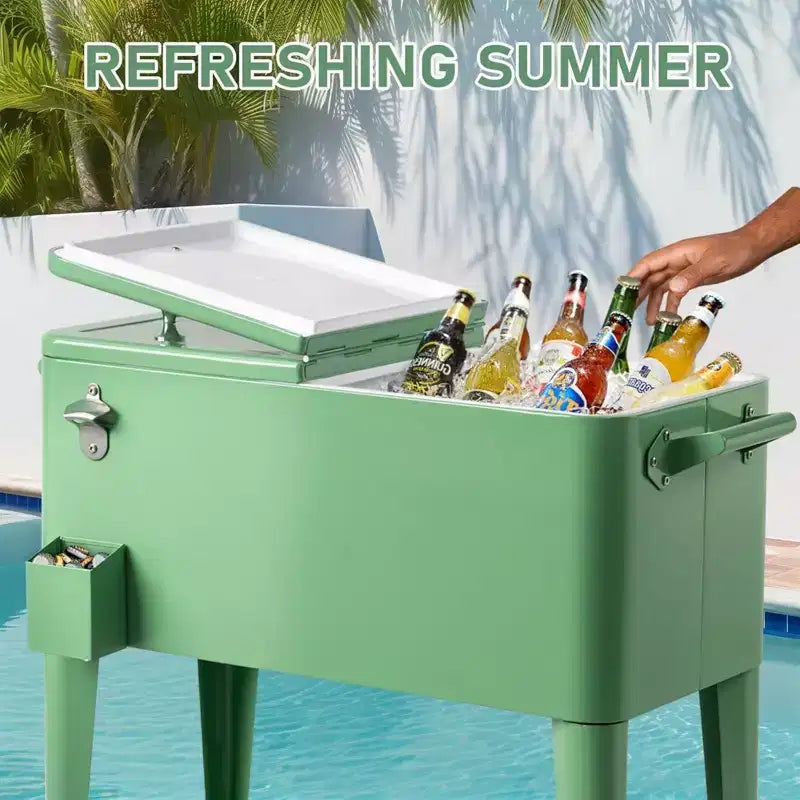 Quart Rolling Ice Chest Portable Bar Drink Cooler with Catch Basin, Bottom Storage Tray for Patio Party BBQ Beach, Green, 34.3*15.2*35.8