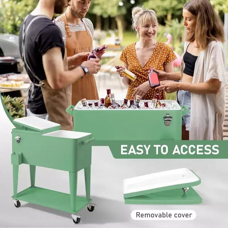 Quart Rolling Ice Chest Portable Bar Drink Cooler with Catch Basin, Bottom Storage Tray for Patio Party BBQ Beach, Green, 34.3*15.2*35.8