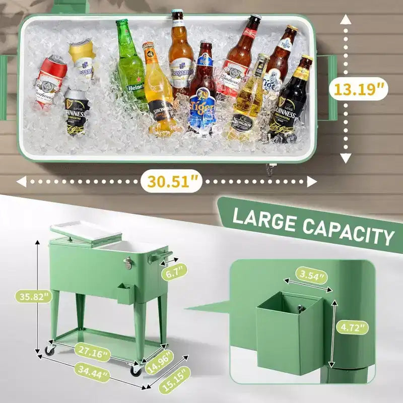 Quart Rolling Ice Chest Portable Bar Drink Cooler with Catch Basin, Bottom Storage Tray for Patio Party BBQ Beach, Green, 34.3*15.2*35.8