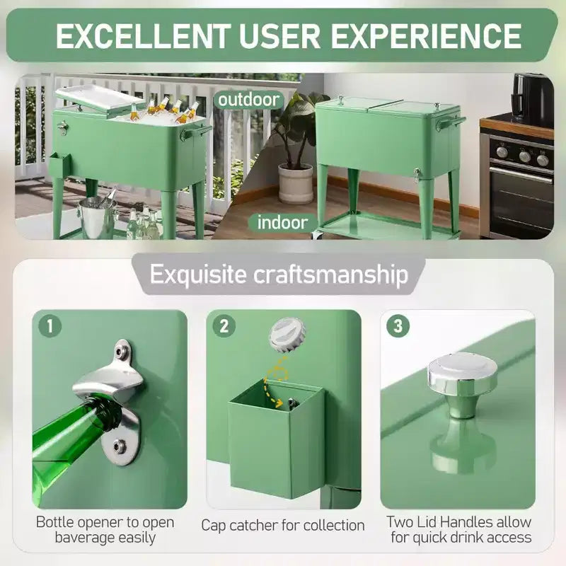 Quart Rolling Ice Chest Portable Bar Drink Cooler with Catch Basin, Bottom Storage Tray for Patio Party BBQ Beach, Green, 34.3*15.2*35.8
