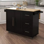 Okak Kitchen Island with Extensible Solid Wood Tabletop, Rolling Kitchen Cart with 2 Doors and 3 Drawers, Countertop Organizer for Home, Black