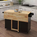 Îlot de cuisine avec plateau extensible en bois massif, chariot de cuisine roulant avec 2 portes et 3 tiroirs, organiseur de comptoir pour la maison, noir