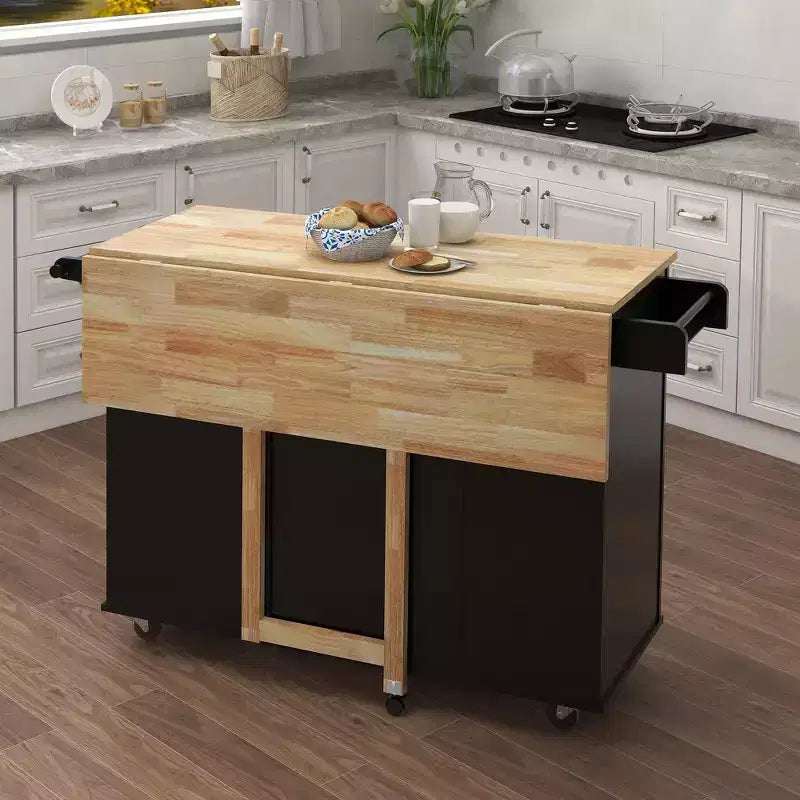 Kitchen Island with Extensible Solid Wood Tabletop, Rolling Kitchen Cart with 2 Doors and 3 Drawers, Countertop Organizer for Home, Black