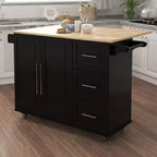Îlot de cuisine avec plateau extensible en bois massif, chariot de cuisine roulant avec 2 portes et 3 tiroirs, organiseur de comptoir pour la maison, noir