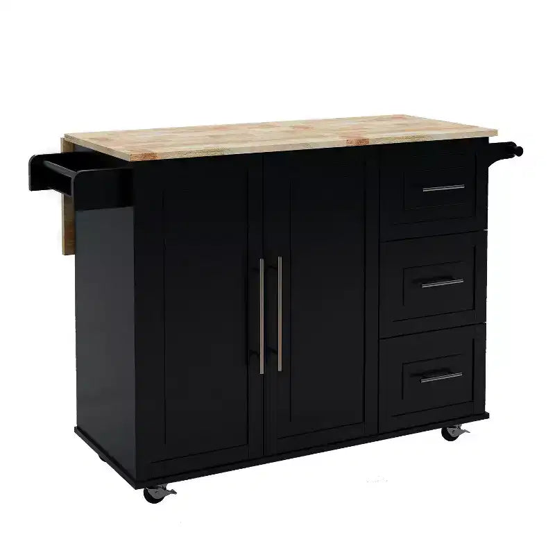 Kitchen Island with Extensible Solid Wood Tabletop, Rolling Kitchen Cart with 2 Doors and 3 Drawers, Countertop Organizer for Home, Black