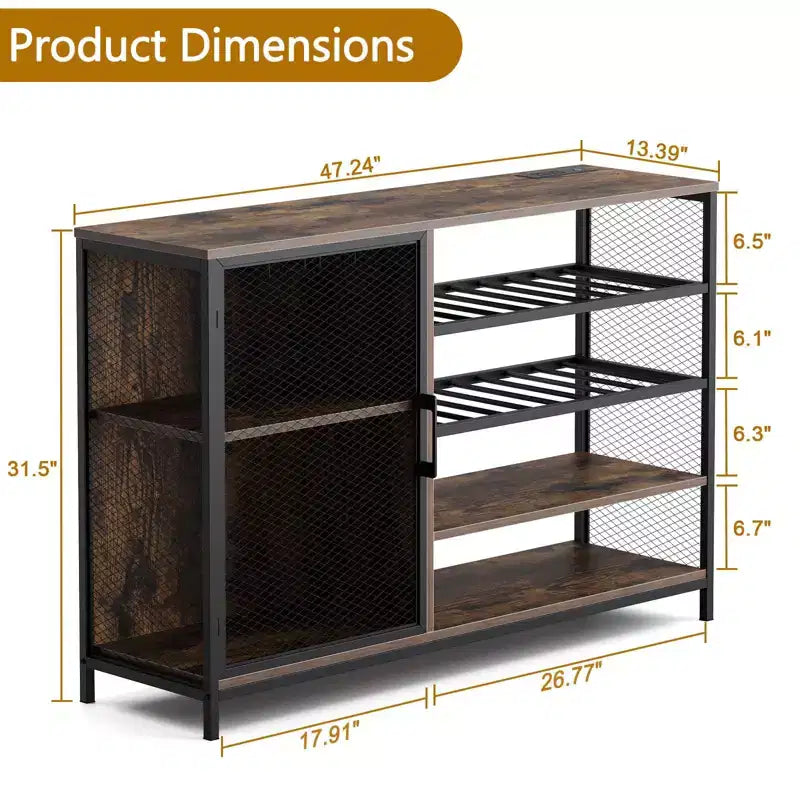 Industrial Side Table with Charging Station, Retro End Table with LED Light