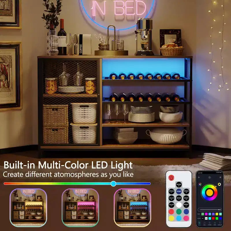 Industrial Side Table with Charging Station, Retro End Table with LED Light