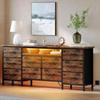 Grande commode de chambre avec 10 tiroirs en tissu, meuble TV pour téléviseurs de 65 à 75 pouces, commode blanche avec prises de courant et tiroirs de rangement