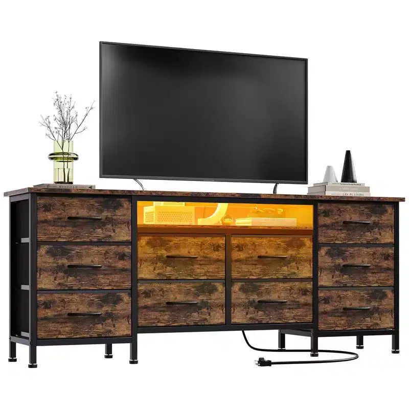 Long Dresser for Bedroom with 10 Fabric Drawers, Entertainment Center TV Stand 65-75 TV, White Dresser with Power Outlet Storage Drawers
