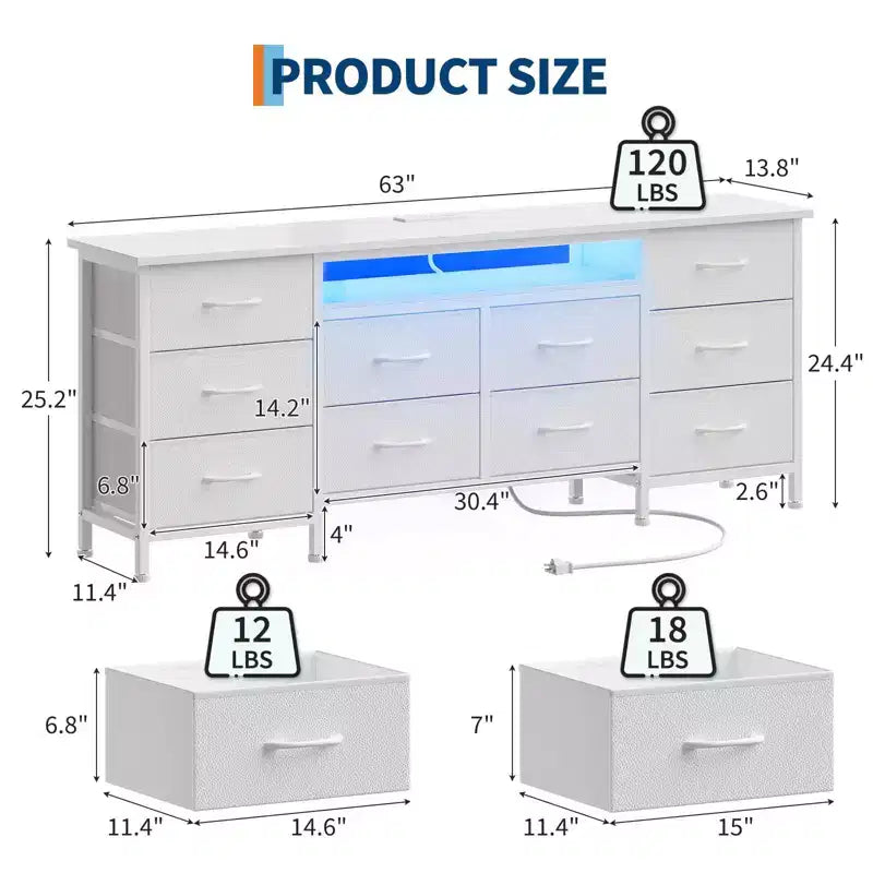 Long Dresser for Bedroom with 10 Fabric Drawers, Entertainment Center TV Stand 65-75 TV, White Dresser with Power Outlet Storage Drawers