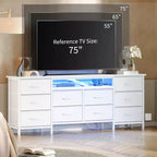 Grande commode de chambre avec 10 tiroirs en tissu, meuble TV pour téléviseurs de 65 à 75 pouces, commode blanche avec prises de courant et tiroirs de rangement