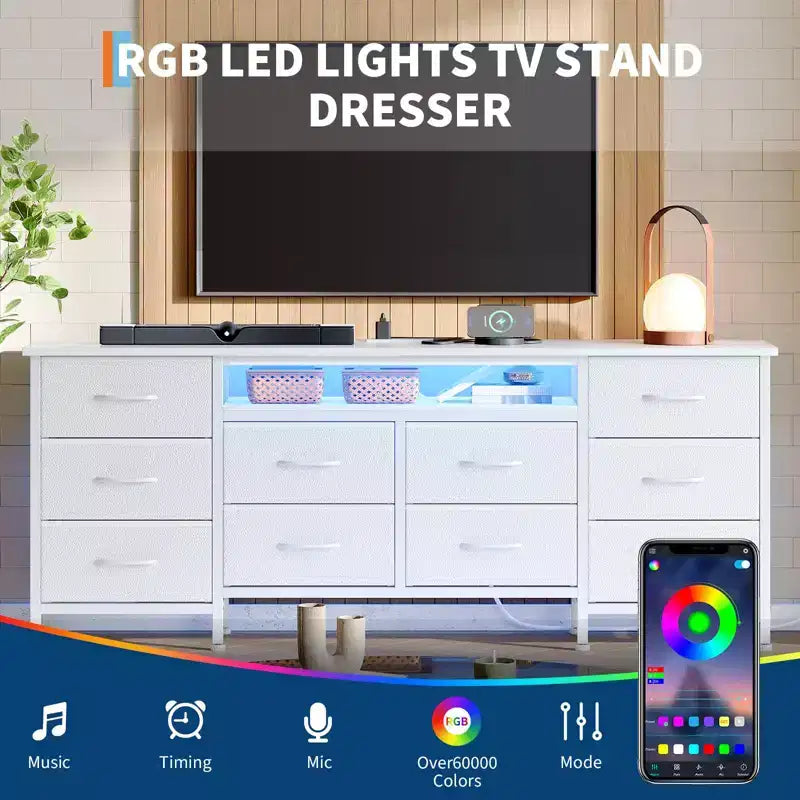 Long Dresser for Bedroom with 10 Fabric Drawers, Entertainment Center TV Stand 65-75 TV, White Dresser with Power Outlet Storage Drawers