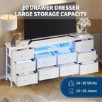 Grande commode de chambre avec 10 tiroirs en tissu, meuble TV pour téléviseurs de 65 à 75 pouces, commode blanche avec prises de courant et tiroirs de rangement