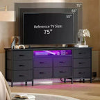 Grande commode de chambre avec 10 tiroirs en tissu, meuble TV pour téléviseurs de 65 à 75 pouces, commode blanche avec prises de courant et tiroirs de rangement