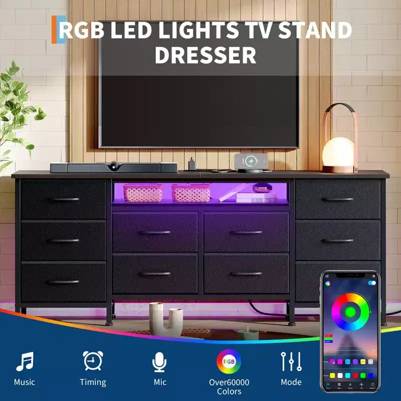 Long Dresser for Bedroom with 10 Fabric Drawers, Entertainment Center TV Stand 65-75 TV, White Dresser with Power Outlet Storage Drawers