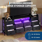 Grande commode de chambre avec 10 tiroirs en tissu, meuble TV pour téléviseurs de 65 à 75 pouces, commode blanche avec prises de courant et tiroirs de rangement