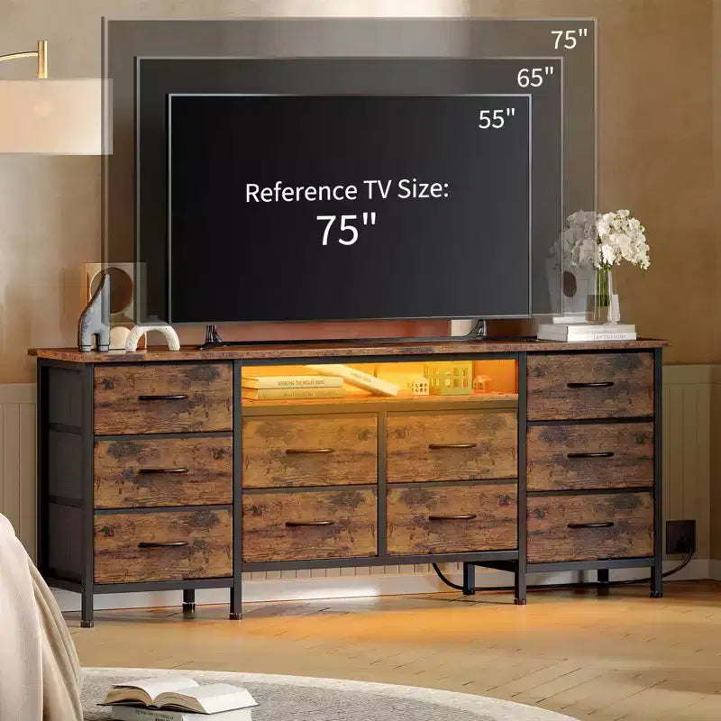 Long Dresser for Bedroom with 10 Fabric Drawers, Entertainment Center TV Stand 65-75 TV, White Dresser with Power Outlet Storage Drawers