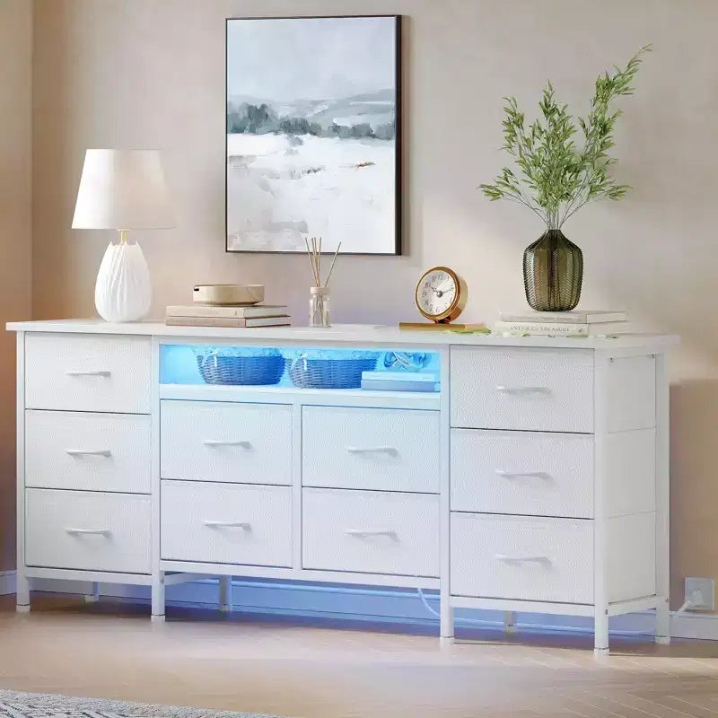 Long Dresser for Bedroom with 10 Fabric Drawers, Entertainment Center TV Stand 65-75 TV, White Dresser with Power Outlet Storage Drawers