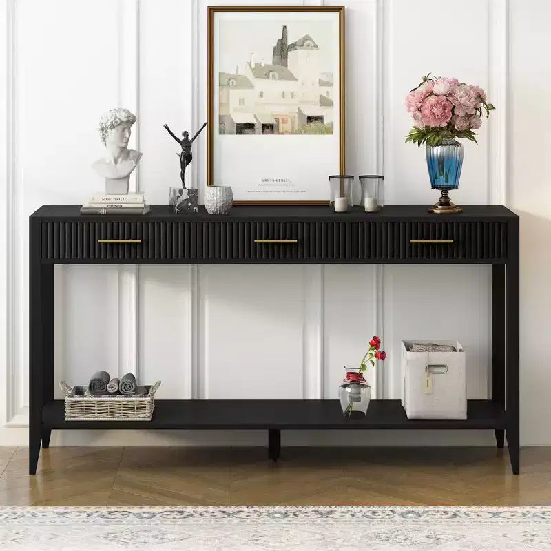 Inch Console Table with 3 Wavy Drawers, Modern Entryway Table with Metal Handles and Storage Shelf