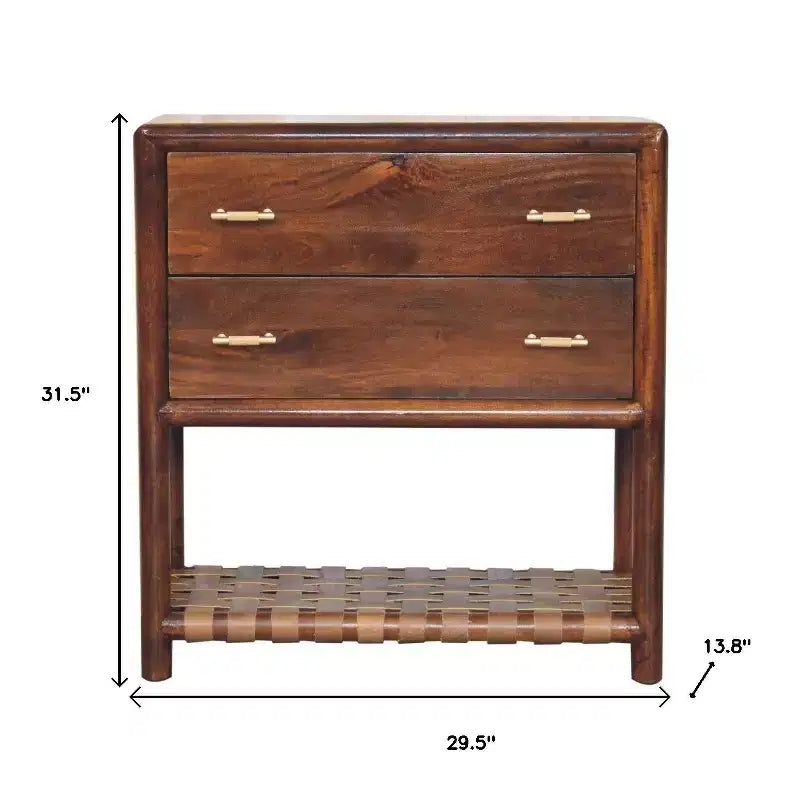 Brown Solid Wood Two Drawer Nightstand With Leather Shelf