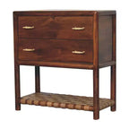 Table de chevet en bois massif marron à deux tiroirs avec étagère en cuir