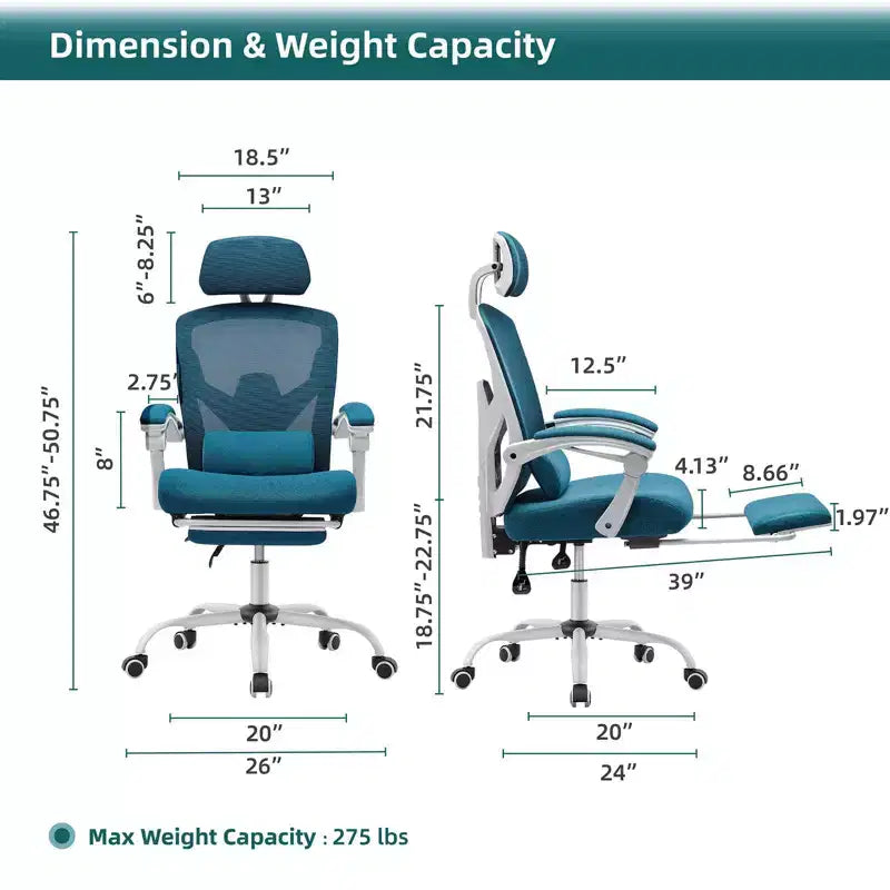 Ergonomic Office Chair with Retractable Footrest, Computer Chair with Lumbar Support Pillow and Padded Armrests, Swivel Chair for Office
