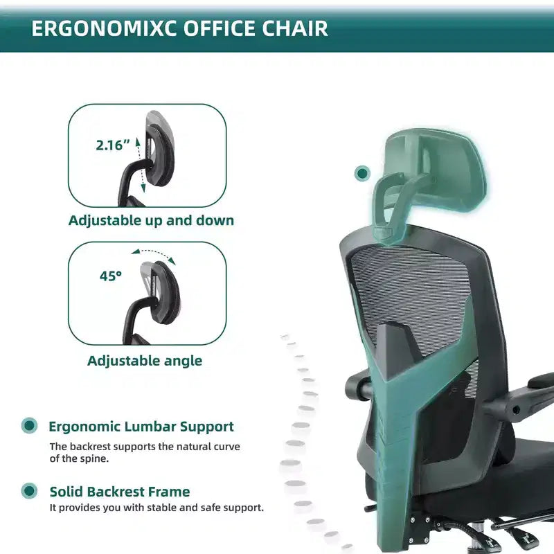 Ergonomic Office Chair with Retractable Footrest, Computer Chair with Lumbar Support Pillow and Padded Armrests, Swivel Chair for Office