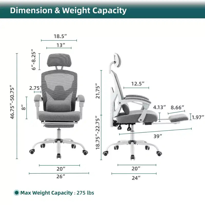Ergonomic Office Chair with Retractable Footrest, Computer Chair with Lumbar Support Pillow and Padded Armrests, Swivel Chair for Office