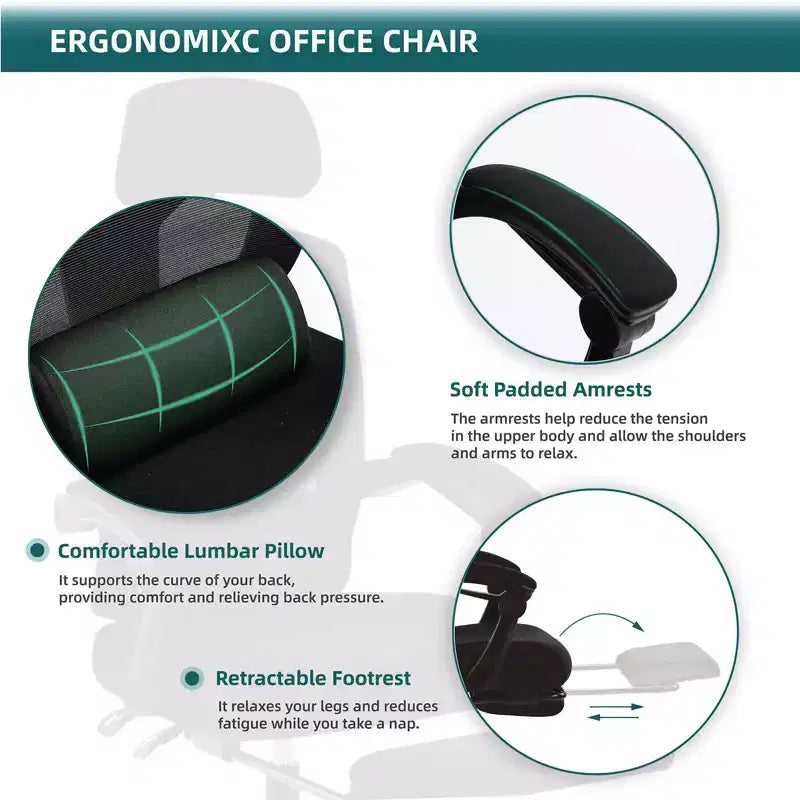 Ergonomic Office Chair with Retractable Footrest, Computer Chair with Lumbar Support Pillow and Padded Armrests, Swivel Chair for Office