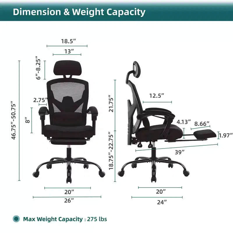 Ergonomic Office Chair with Retractable Footrest, Computer Chair with Lumbar Support Pillow and Padded Armrests, Swivel Chair for Office
