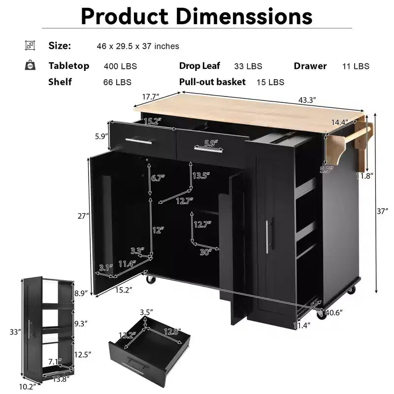 Kitchen Island with 3 Tier Pull Out Cabinet Organizer, Kitchen Cart with Drop Leaf and Storage Rack, Countertop Organizer for Kitchen