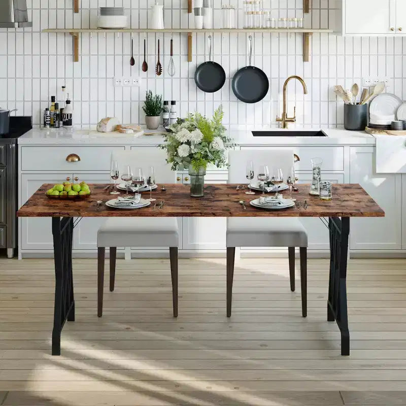 Farmhouse Dining Table Metal Base, Rustic Wood Top Kitchen Table for Dining Room, Restaurant, Cafe