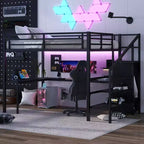 Bellemave Queen Loft Bed with L-Shaped Desk, Wardrobe, USB Port & LED, Metal Loft Bed with Storage Stairs & Adjustable Shelf, Black