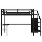 Lit mezzanine Queen avec bureau en L, armoire, port USB et LED, lit mezzanine en métal avec escalier de rangement et étagère réglable, noir