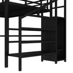 Lit mezzanine Queen avec bureau en L, armoire, port USB et LED, lit mezzanine en métal avec escalier de rangement et étagère réglable, noir