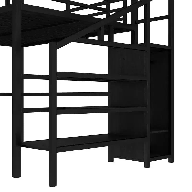 Queen Loft Bed with L-Shaped Desk, Wardrobe, USB Port & LED, Metal Loft Bed with Storage Stairs & Adjustable Shelf, Black