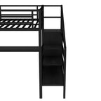 Lit mezzanine Queen avec bureau en L, armoire, port USB et LED, lit mezzanine en métal avec escalier de rangement et étagère réglable, noir