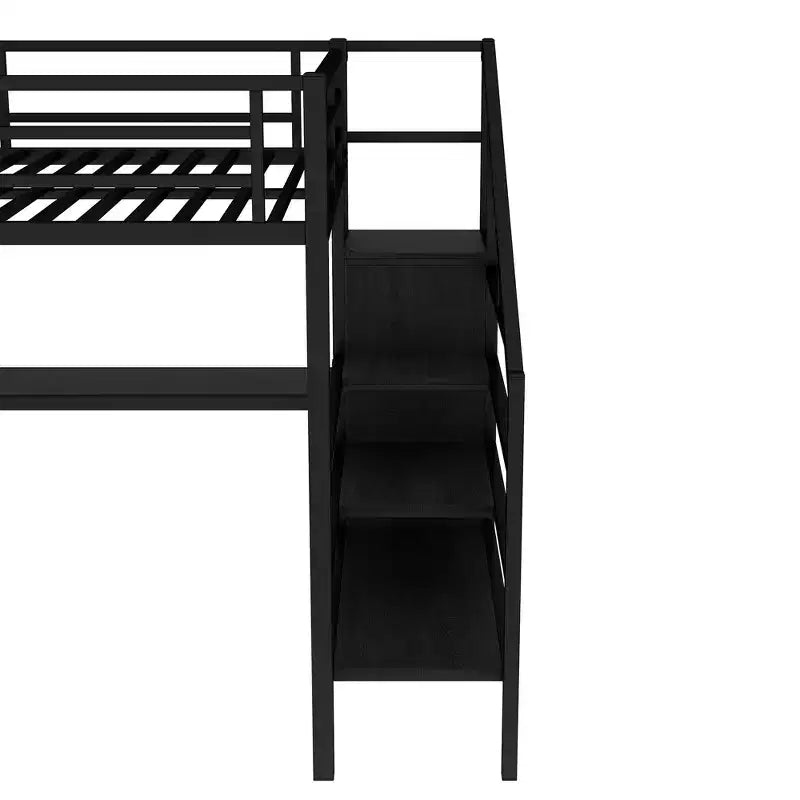 Queen Loft Bed with L-Shaped Desk, Wardrobe, USB Port & LED, Metal Loft Bed with Storage Stairs & Adjustable Shelf, Black