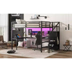 Lit mezzanine Queen avec bureau en L, armoire, port USB et LED, lit mezzanine en métal avec escalier de rangement et étagère réglable, noir