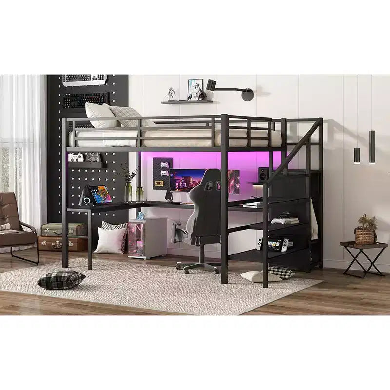 Queen Loft Bed with L-Shaped Desk, Wardrobe, USB Port & LED, Metal Loft Bed with Storage Stairs & Adjustable Shelf, Black