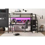 Lit mezzanine Queen avec bureau en L, armoire, port USB et LED, lit mezzanine en métal avec escalier de rangement et étagère réglable, noir