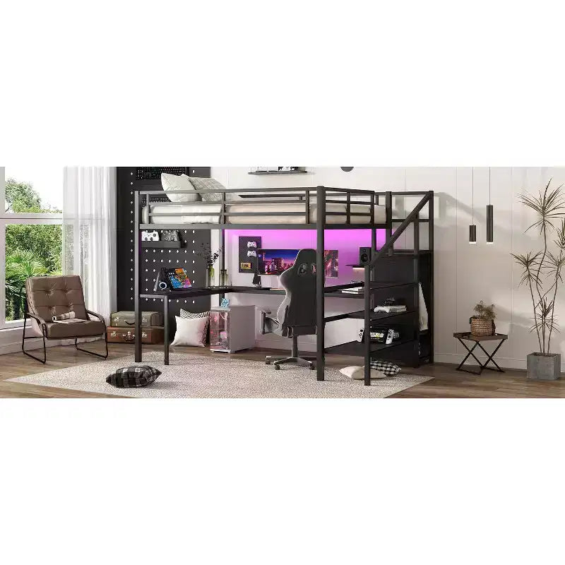 Queen Loft Bed with L-Shaped Desk, Wardrobe, USB Port & LED, Metal Loft Bed with Storage Stairs & Adjustable Shelf, Black