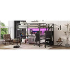 Lit mezzanine Queen avec bureau en L, armoire, port USB et LED, lit mezzanine en métal avec escalier de rangement et étagère réglable, noir