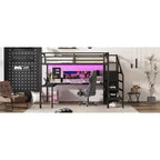 Lit mezzanine Queen avec bureau en L, armoire, port USB et LED, lit mezzanine en métal avec escalier de rangement et étagère réglable, noir