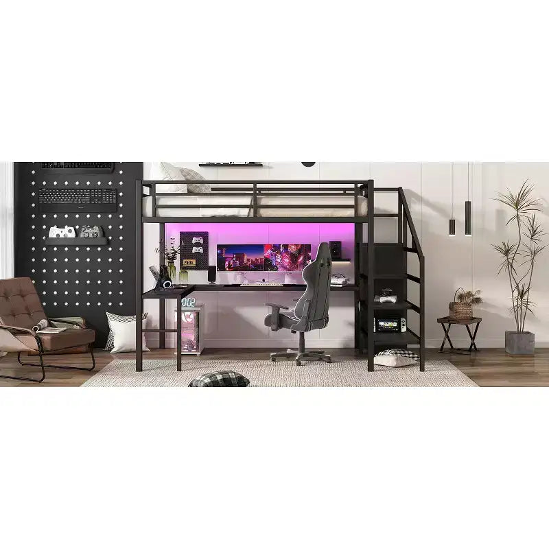 Queen Loft Bed with L-Shaped Desk, Wardrobe, USB Port & LED, Metal Loft Bed with Storage Stairs & Adjustable Shelf, Black