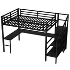 Lit mezzanine Queen avec bureau en L, armoire, port USB et LED, lit mezzanine en métal avec escalier de rangement et étagère réglable, noir
