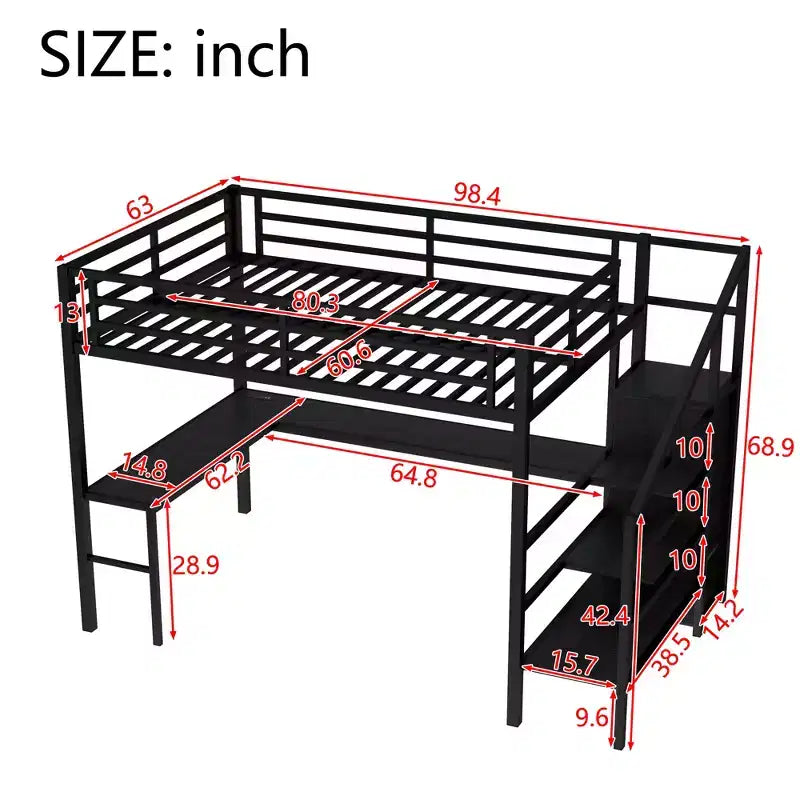 Queen Loft Bed with L-Shaped Desk, Wardrobe, USB Port & LED, Metal Loft Bed with Storage Stairs & Adjustable Shelf, Black