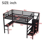 Lit mezzanine Queen avec bureau en L, armoire, port USB et LED, lit mezzanine en métal avec escalier de rangement et étagère réglable, noir