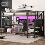 Lit mezzanine Queen avec bureau en L, armoire, port USB et LED, lit mezzanine en métal avec escalier de rangement et étagère réglable, noir
