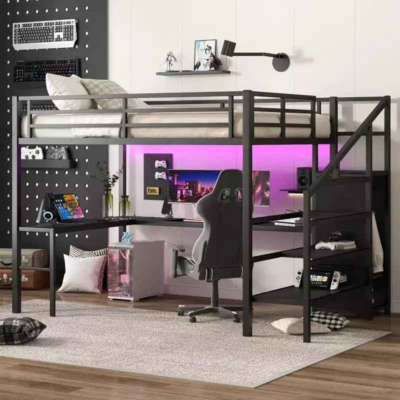 Queen Loft Bed with L-Shaped Desk, Wardrobe, USB Port & LED, Metal Loft Bed with Storage Stairs & Adjustable Shelf, Black